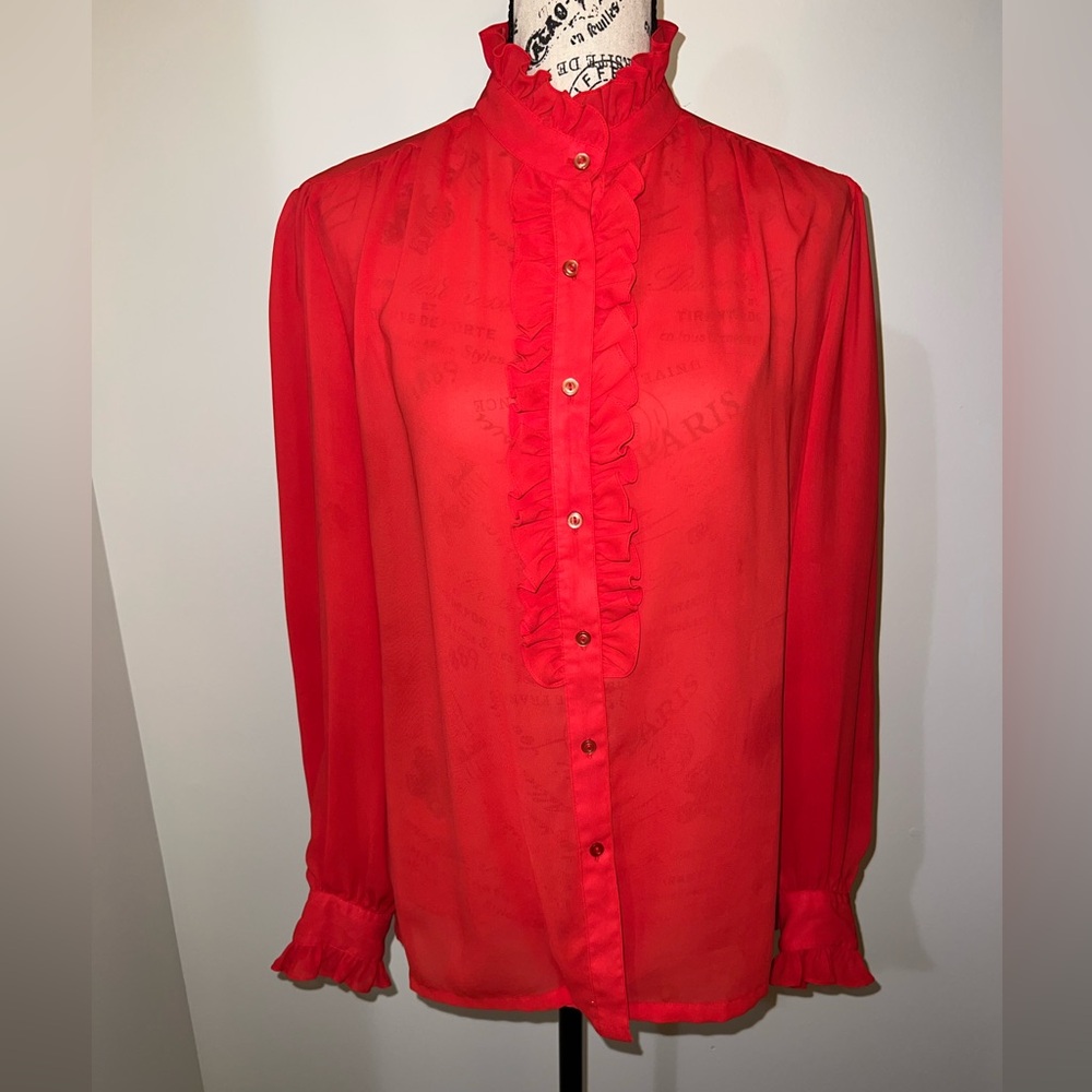 Alicia Vintage Red Ruffle High Neck Blouse Secretary Victorian Romantic Size 14 - Picture 2 of 11